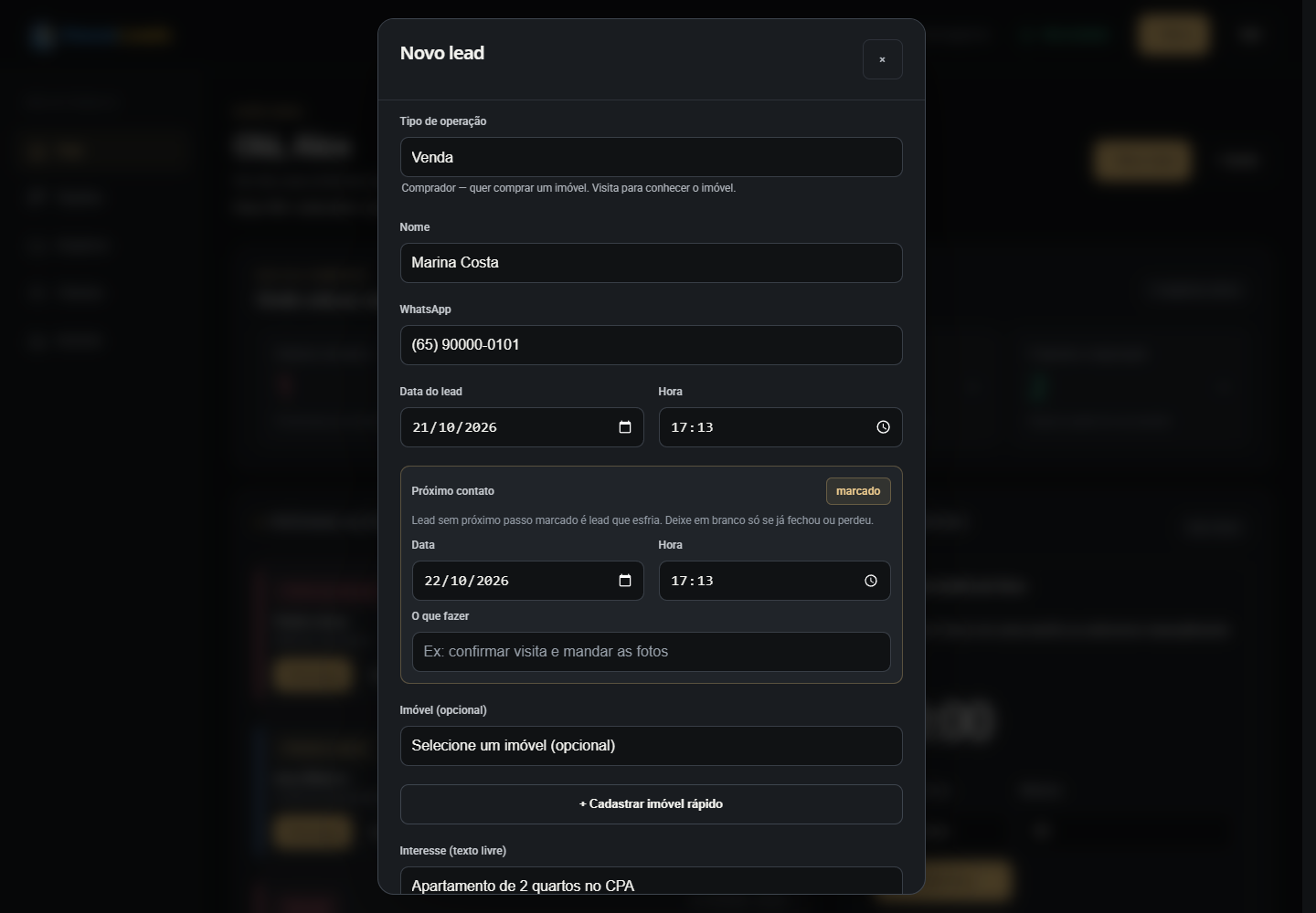 Formulário de novo lead do HouseLeads com cliente, WhatsApp, operação, interesse e próximo contato